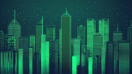 Obraz premium green screen infographics concept. Futuristic Green Glowing Cityscape with Illuminated Skyscrapers and Modern Architecture