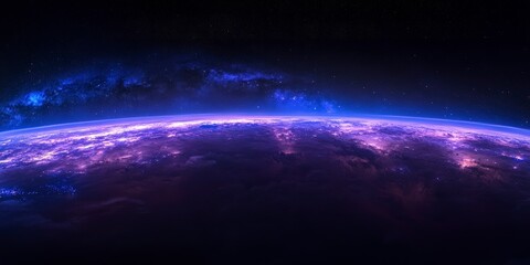 mesmerizing view of the Milky Way galaxy, at night from Earth's surface. The purple and blue hues in space, A deep black sky background adds depth to the cosmic beauty