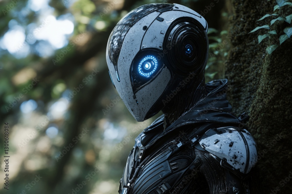 Poster futuristic robot stands against a lush forest backdrop showcasing advanced technology and intricate 