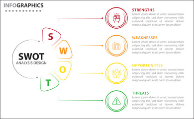 Fototapeta premium SWOT analysis infographic. Vector illustration for strategic business planning. Comparison chart. Advantages and Disadvantages of company. Infographic design template. Vector illustration. SWOT chart