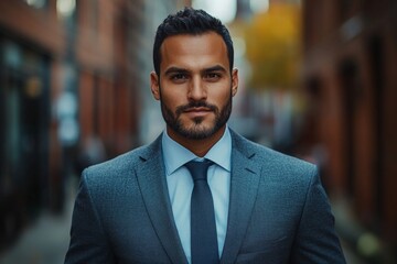 Confident businessman stands in urban alleyway during golden hour light in downtown setting