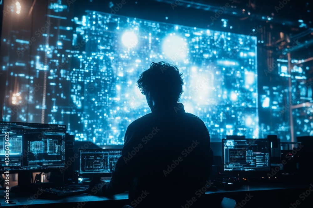 Aufkleber tech professional monitors data analysis in a futuristic workspace with glowing screens at night