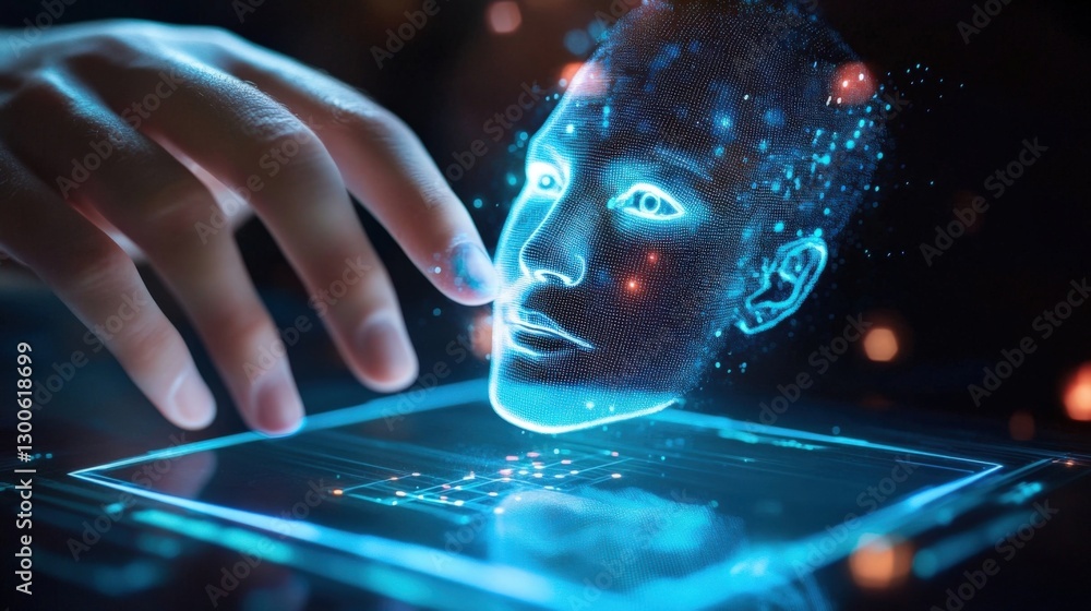 Aufkleber engineer uses a futuristic transparent tablet, interacting with a 3d holographic projection of a hum