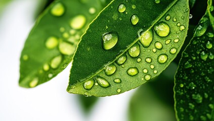 Close Up of Dew Drops on Lush Green Leaves