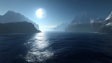 Naklejka premium Serene Moonlit Ocean Between Majestic Mountains