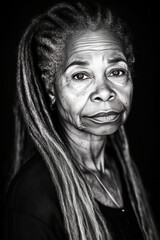 Fototapeta premium Black and white portrait of confident senior woman with dreadlocks showing wisdom and strength