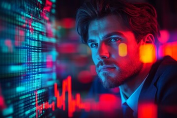 Young professional analyzing data trends at night in a modern office with colorful digital displays