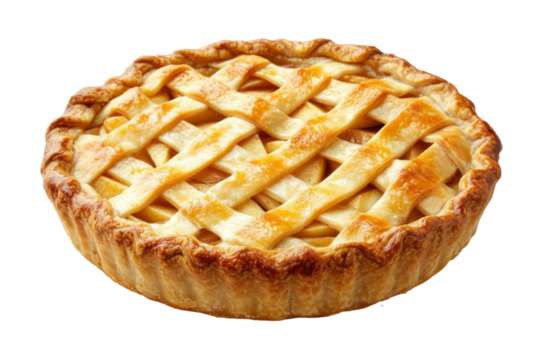 Delicious baked apple pie with golden crust and lattice top on transparent background. Isolated food photography. Dessert concept