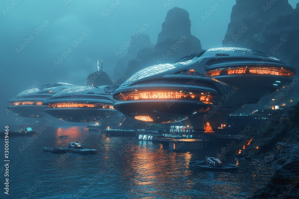 Poster futuristic spaceships hovering over a tranquil lake surrounded by towering mountains at dusk