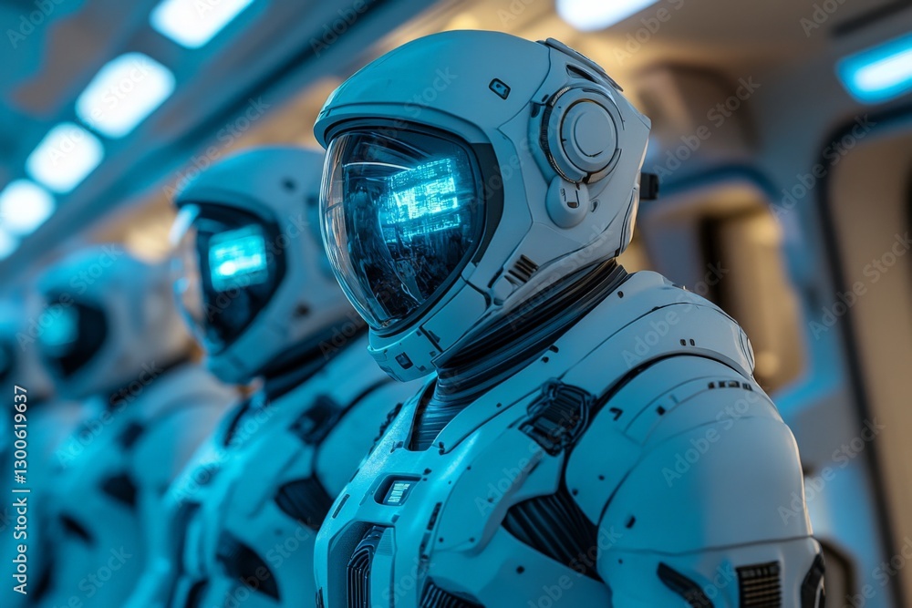 Poster explorers in futuristic space suits prepare for an interstellar journey in a high-tech spacecraft en