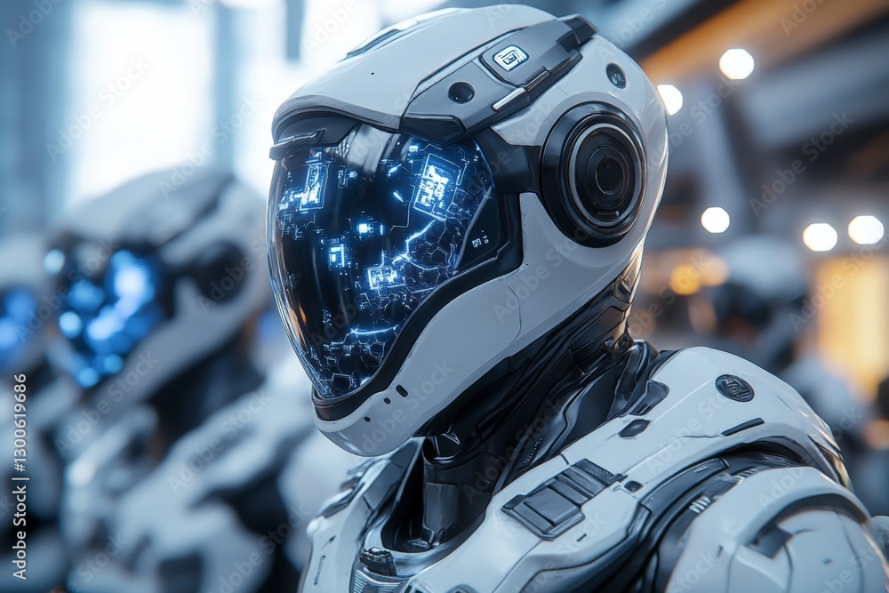 Poster futuristic robotics display featuring advanced humanoid robots in high-tech environment
