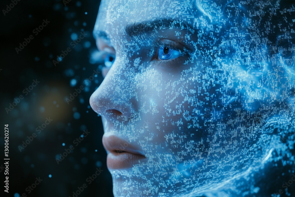 Aufkleber digital portrait of a woman with blue glowing data overlay representing artificial intelligence in a