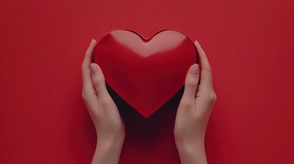 Fototapeta premium Red heart held in hands, red background, Valentine's Day