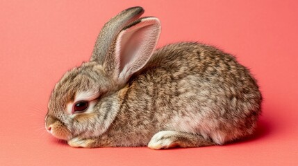 Naklejka premium Adorable grey bunny resting on a coral background.