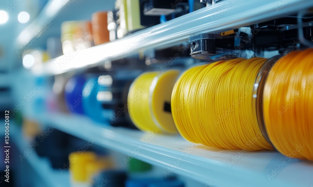Poster colorful spools of filament stored on a shelf machine.