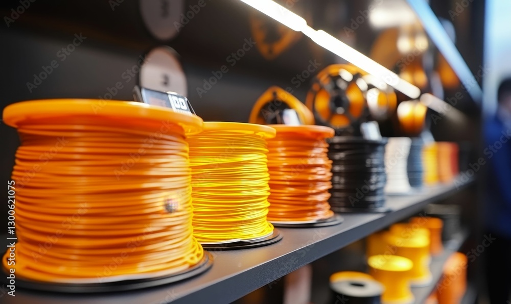 Poster spools of colorful filament line a workshop shelf.