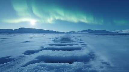 Obraz premium Snow covered landscape with aurora borealis and moonlit mountains