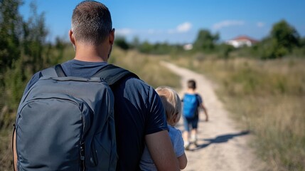 A father and young child walking on a sunlit trail, surrounded by nature, highlighting a peaceful family adventure and quality time.