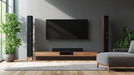 Modern living room with sleek television, audio setup, and natural light