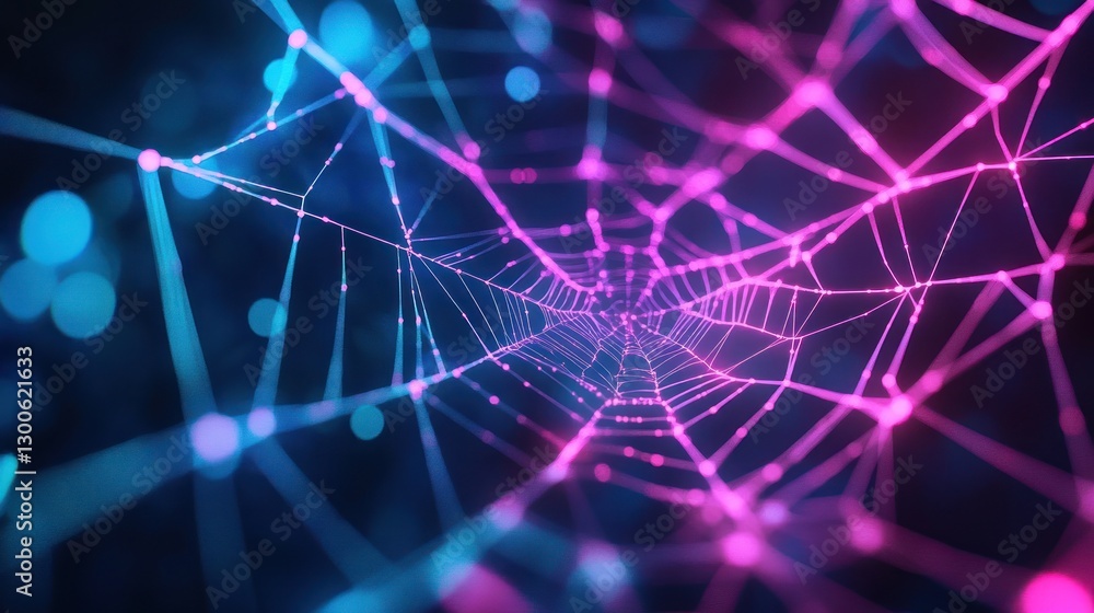 Poster neon illuminated web structure with an interconnected digital aesthetic