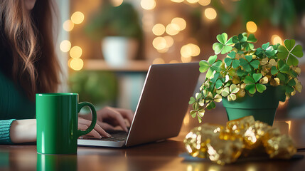 A modern and cheerful workspace with a woman typing on her laptop, a festive green coffee mug, a decorative shamrock plant, and gold-wrapped chocolates 