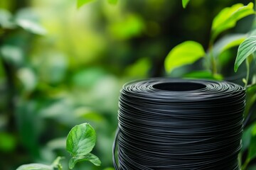 Black cord coil with fresh green foliage background.