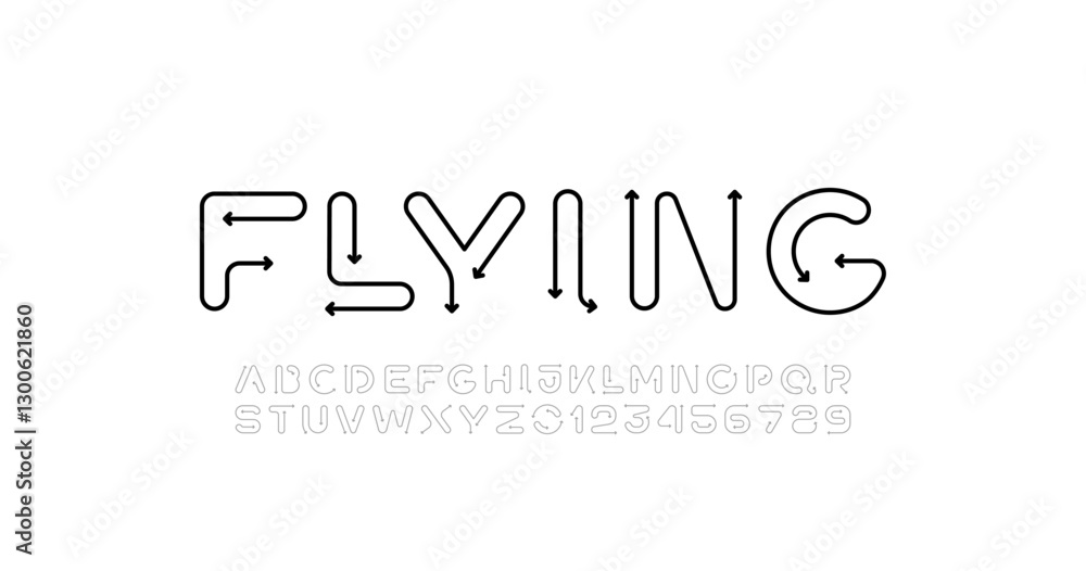 Poster digital style alphabet, font from arrow, rounded letters and numbers made in linear style, vector il