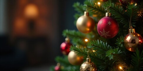 Decorated Christmas tree with ornaments and lights, Winter, Christmas tree