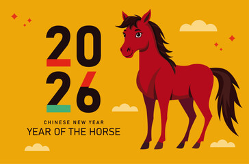 Chinese new year, year of the horse, year 2026 with horse in red, Vector illustration with combining the horse with numbers, asian symbols, Horse Template of cover, card, poster