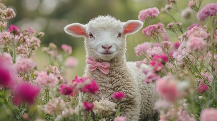 Obraz premium Adorable lamb wearing a pink bow tie, surrounded by a field of pink flowers.