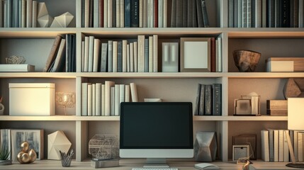 A wellorganized bookshelf containing a mix of technology books and decorative items including geometric sculptures arranged in a manner that complements the surrounding modern decor