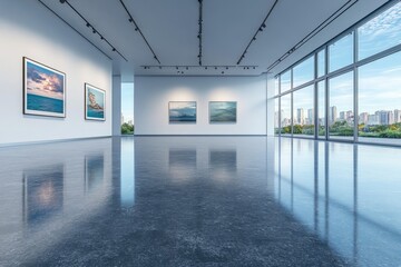 Obraz premium Modern art gallery with scenic paintings and city view on a bright day