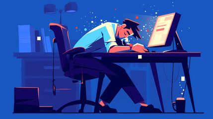 A focused young man working at a desk, jotting down notes in a creative workspace with vibrant colors