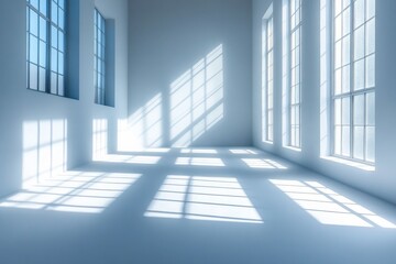 Obraz premium Bright sunlight streams through large windows, creating striking shadows on a minimalist interior space