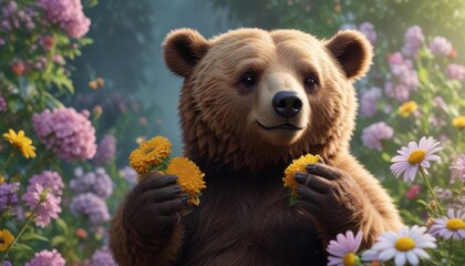 Fuzzy bear with hand holding a honeycomb and surrounded by flowers,  animal,  flowers,  honey