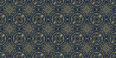 Seamless Geometric Pattern with Sacred Geometry, Golden Lines on Navy Background