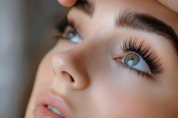 Naklejka premium Closeup Portrait of a Woman with Green Eyes and Long Eyelashes