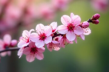 Obraz premium Pink blossoms on tilted spring branch, soft focus background , blossom branch, flower, art