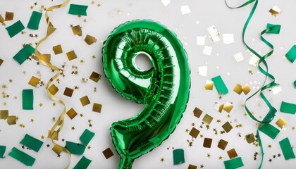 Green balloon number 9 for ninth birthday or anniversary party. White background with confetti