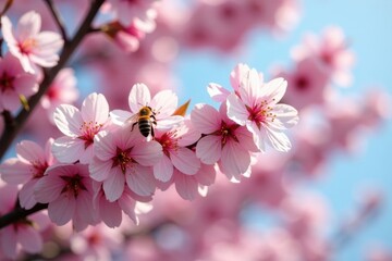 Obraz premium Pink cherry blossom branches laden with flowers, bee pollinating, flower, cherry blossom