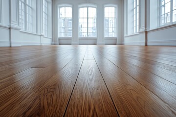 Elegant hardwood flooring enhances the ambiance of a spacious, sunlit room in an urban setting