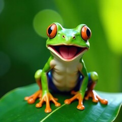 Obraz premium Green frog sitting on a leaf with big smile and open mouth, green amphibian, silly