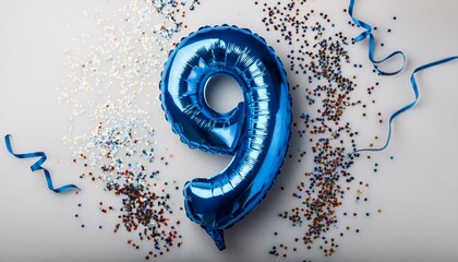 Blue balloon number 9 for ninth birthday or anniversary party. White background with confetti