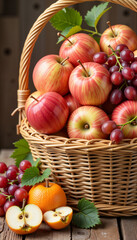 Mid-Autumn Festival wicker basket filled with fruits, representing abundance and harvest, ideal for blogs, websites, greeting cards, and educational content