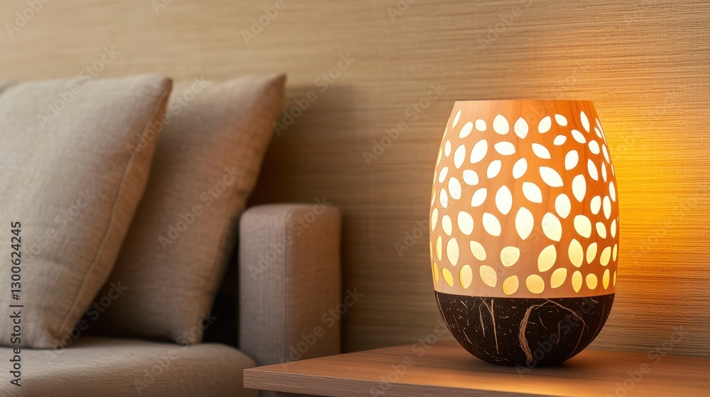 Poster coconut shell handmade concept, elegant coconut shell lamp with intricate cutouts casting warm light
