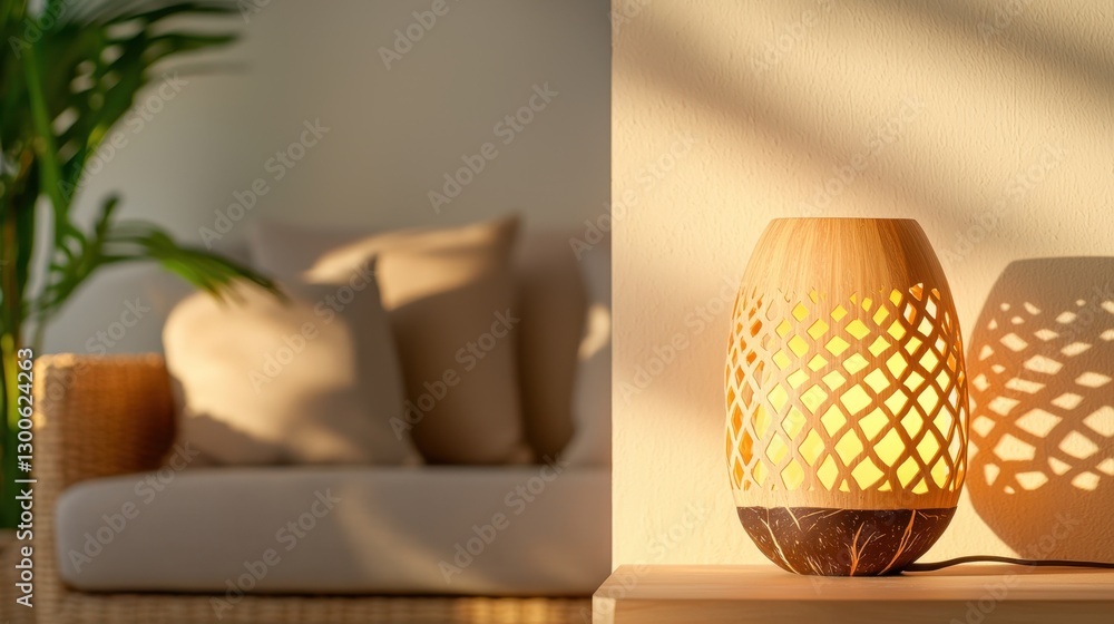 Poster coconut shell handmade concept, exquisite coconut shell lamp featuring intricate cutouts for ambient