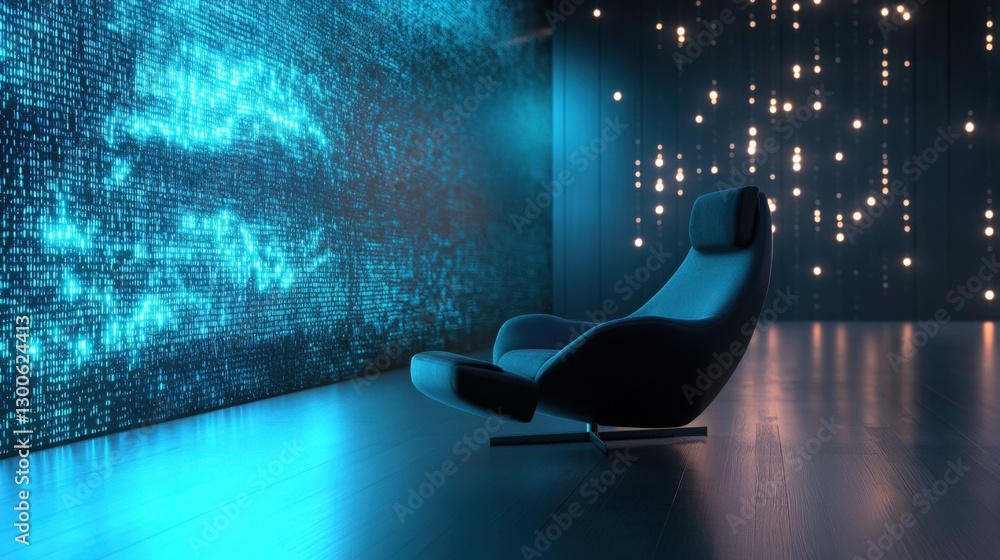 Poster comfortable recliner chair placed in modern minimalist room with futuristic digital display showing 