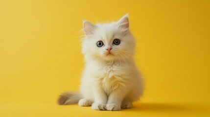 Adorable fluffy white kitten sits against a vibrant yellow background.