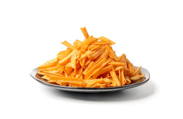 Fried chips sticks isolated, finger potato chips, golden shoestring fries pile, French fries