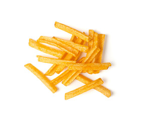 Fried chips sticks isolated, finger potato chips, golden shoestring fries pile, French fries